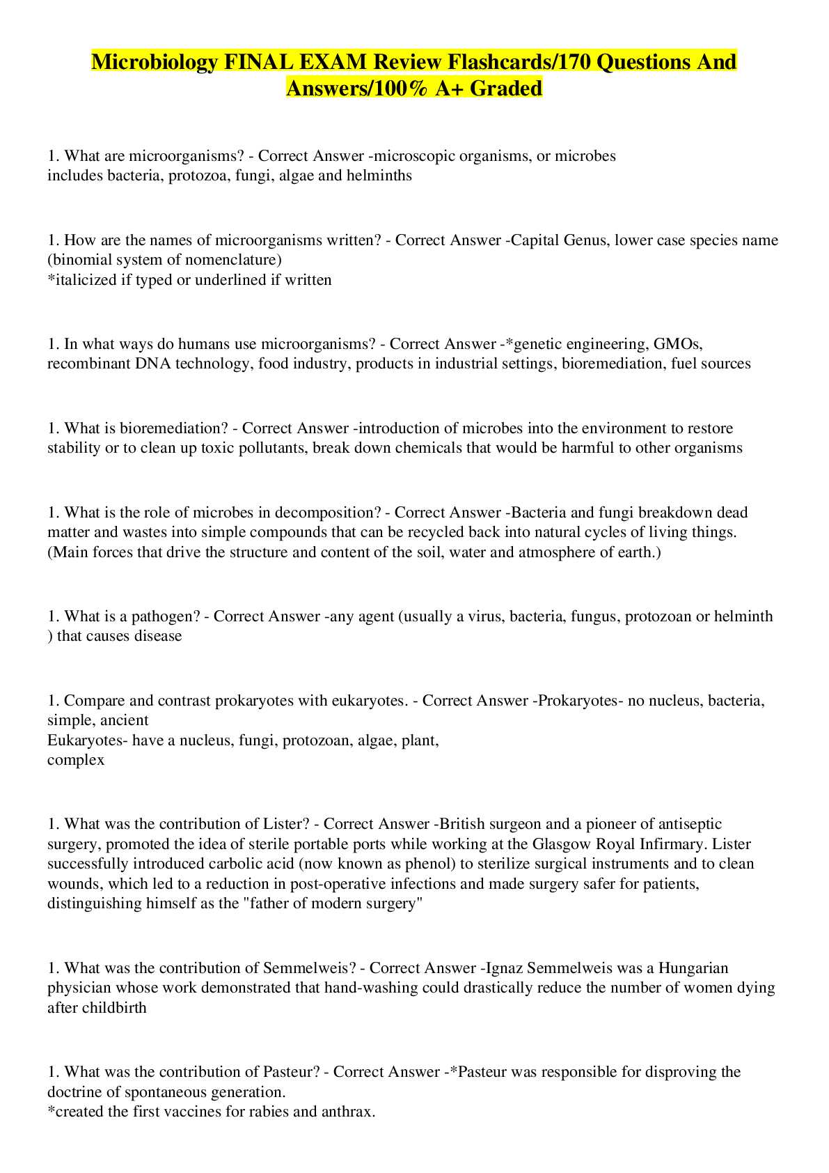 Preview image for Microbiology FINAL EXAM Review Flashcards/170 Questions And Answers/100% A+ Graded